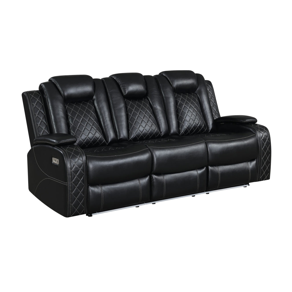 Nova 85 Inch Dual Power Recliner Sofa Theater Lit Faux Leather Black By Casagear Home BM306737