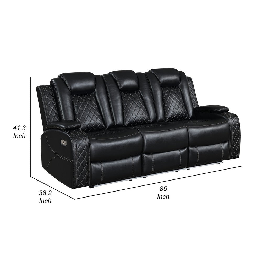 Nova 85 Inch Dual Power Recliner Sofa Theater Lit Faux Leather Black By Casagear Home BM306737