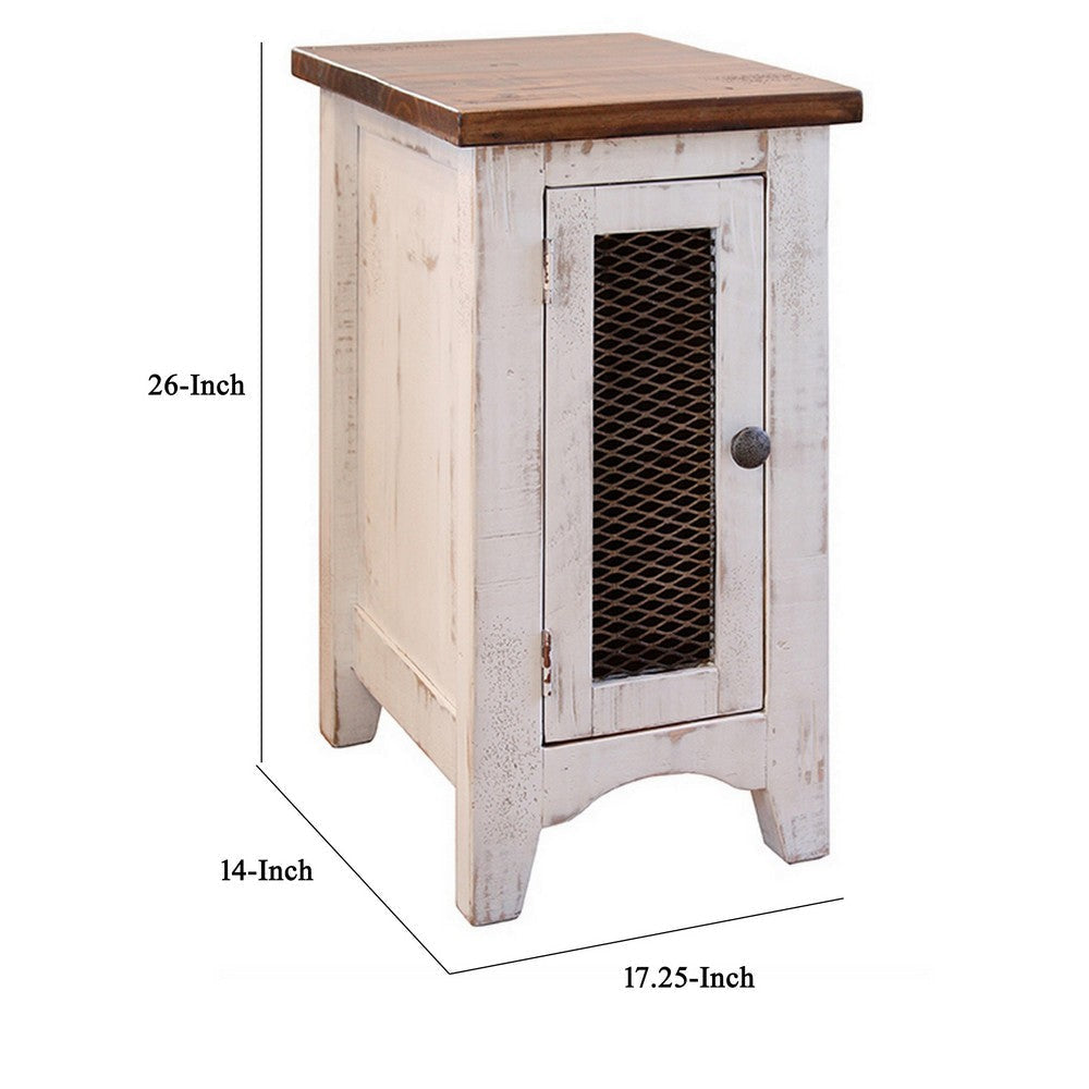 Ata 26 Inch Chairside Table with Mesh Door Pine Wood White and Brown By Casagear Home BM306789