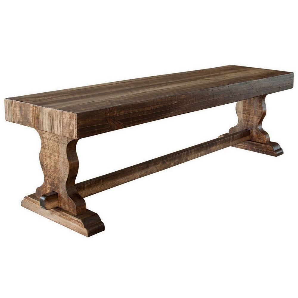 Ebb 70 Inch Wood Bench with Lacquered Finish, Solid Pine Wood, Light Brown By Casagear Home