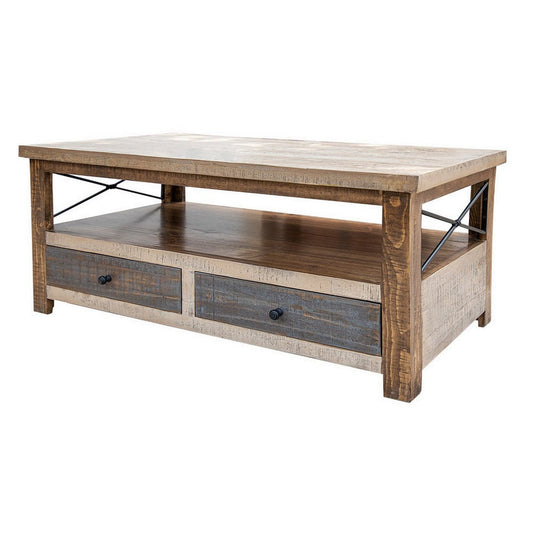 Niya 46 Inch Coffee Table, Solid Pine Wood, 4 Drawers, Wrought Iron, Brown By Casagear Home