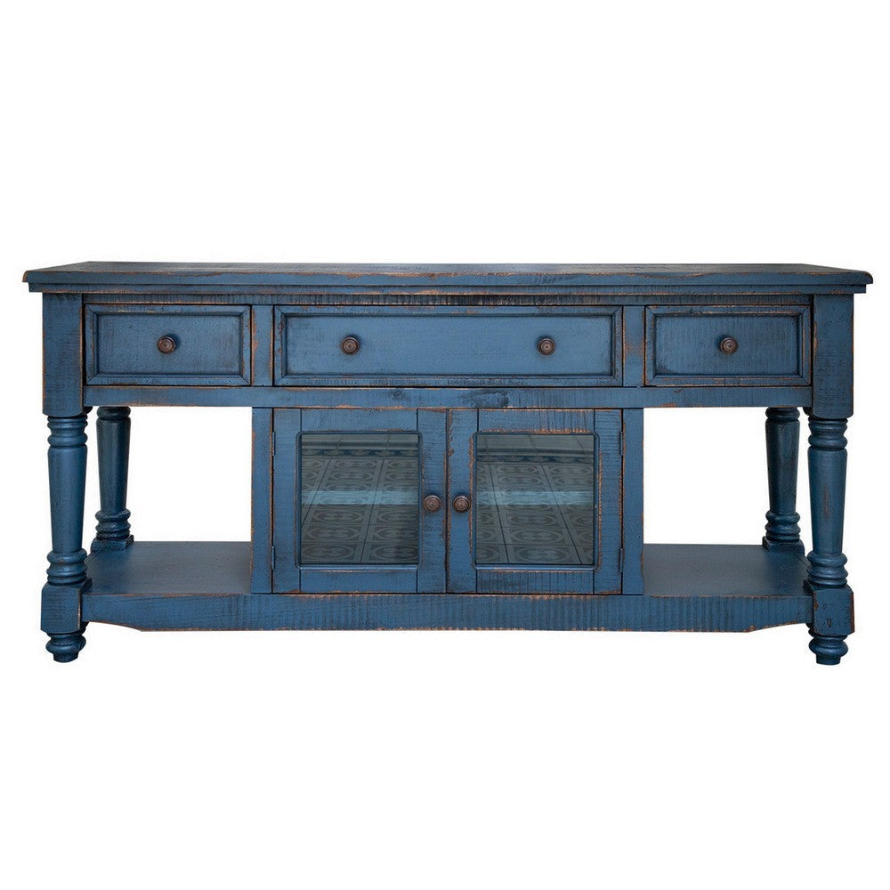 Genie 70 Inch TV Entertainment Console 3 Drawers Mango Wood Dark Blue By Casagear Home BM306860