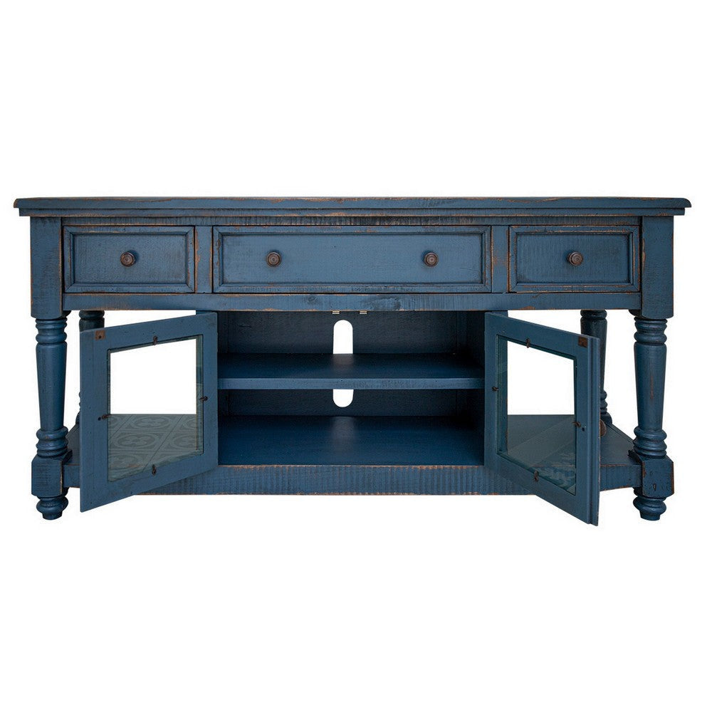 Genie 70 Inch TV Entertainment Console 3 Drawers Mango Wood Dark Blue By Casagear Home BM306860