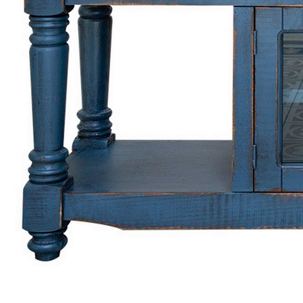 Genie 70 Inch TV Entertainment Console 3 Drawers Mango Wood Dark Blue By Casagear Home BM306860