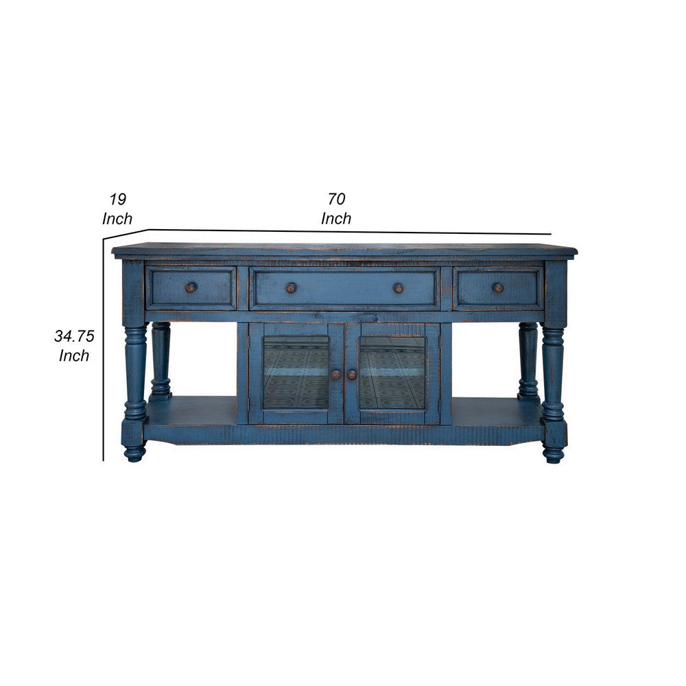 Genie 70 Inch TV Entertainment Console 3 Drawers Mango Wood Dark Blue By Casagear Home BM306860