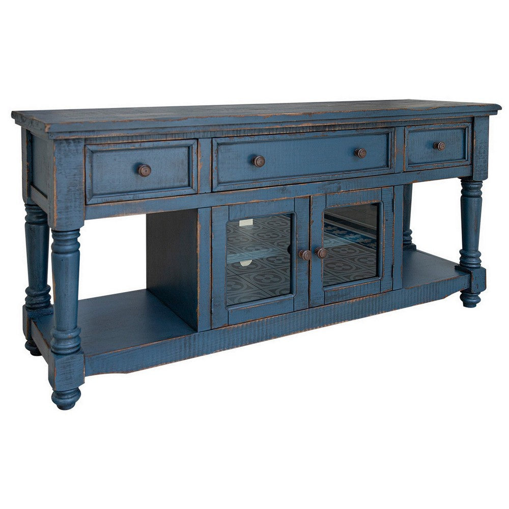 Genie 70 Inch TV Entertainment Console, 3 Drawers, Mango Wood, Dark Blue By Casagear Home