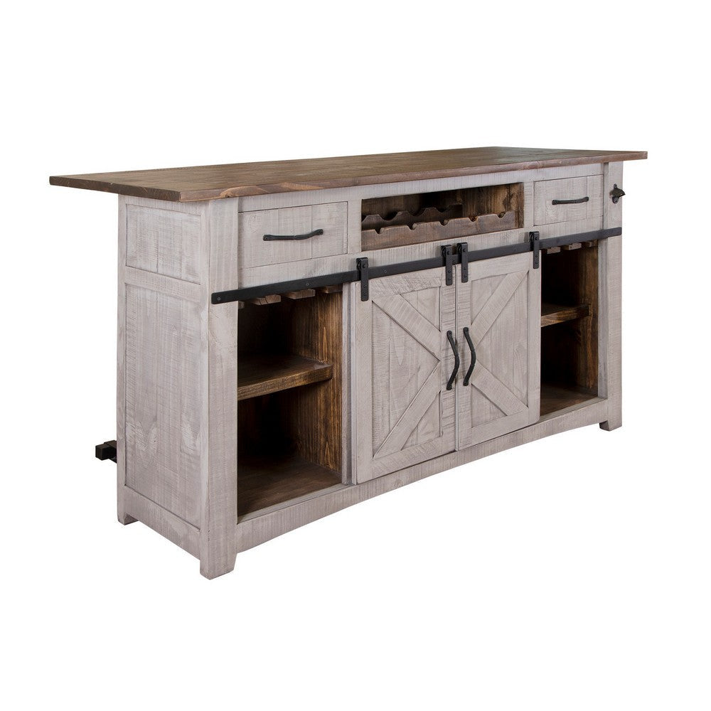 Pino 76 Inch Bar Cabinet Console, 2 Drawers, Pine Wood, Barn Doors, White By Casagear Home