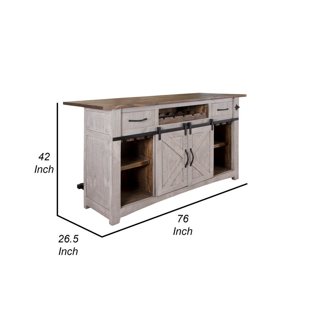 Pino 76 Inch Bar Cabinet Console 2 Drawers Pine Wood Barn Doors White By Casagear Home BM306867