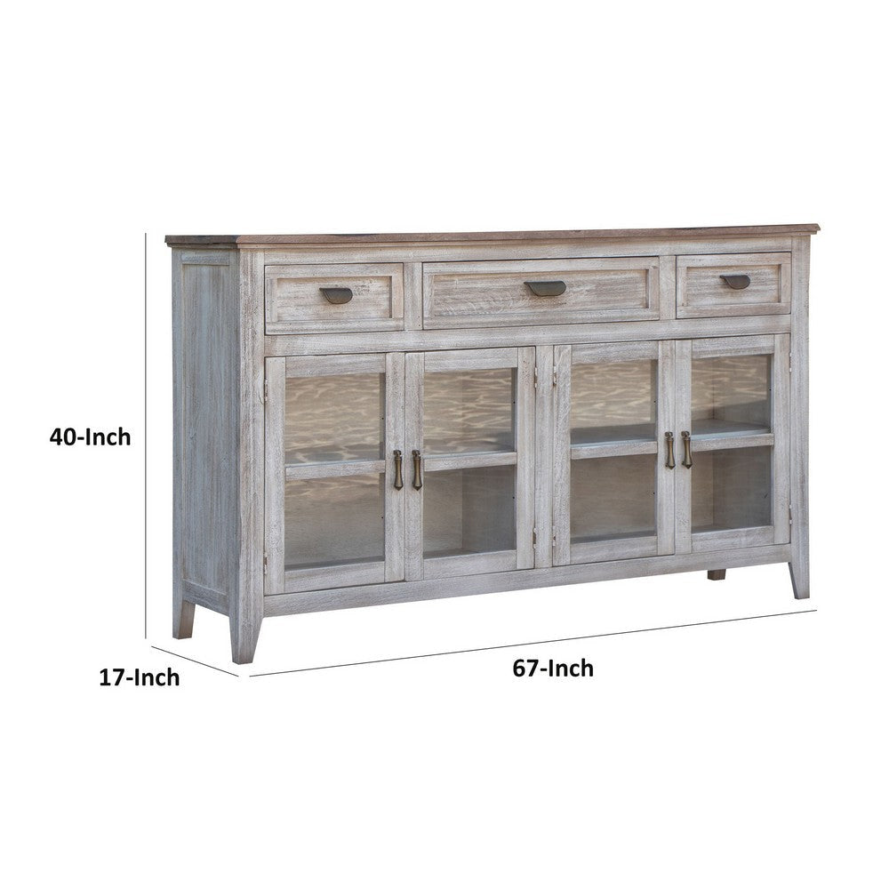 Kohl 67 Inch Console Cabinet 4 Doors Mango Wood 3 Gliding Drawers White By Casagear Home BM306957