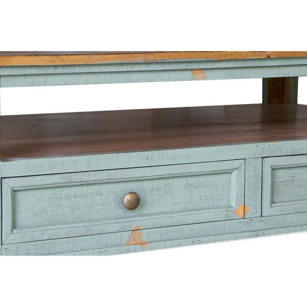 Rozy 50 Inch Coffee Table 4 Drawers Teal Blue Pine Wood Hand Finished By Casagear Home BM307043