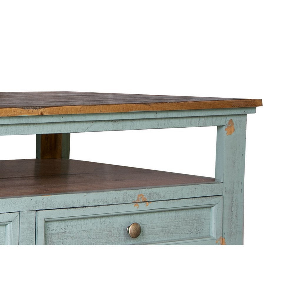 Rozy 50 Inch Coffee Table 4 Drawers Teal Blue Pine Wood Hand Finished By Casagear Home BM307043