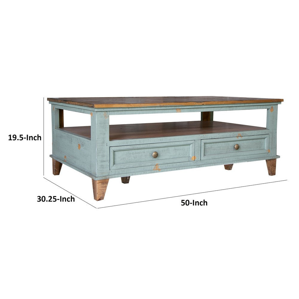 Rozy 50 Inch Coffee Table 4 Drawers Teal Blue Pine Wood Hand Finished By Casagear Home BM307043