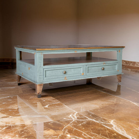 Rozy 50 Inch Coffee Table 4 Drawers Teal Blue Pine Wood Hand Finished By Casagear Home BM307043