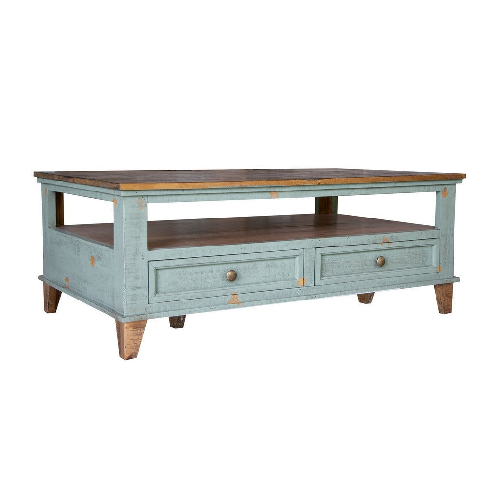 Rozy 50 Inch Coffee Table 4 Drawers Teal Blue Pine Wood Hand Finished By Casagear Home BM307043