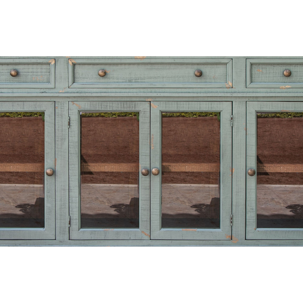 Rozy 70 Inch Console Sideboard Cabinet 4 Glass Doors Teal Blue Pine Wood By Casagear Home BM307047