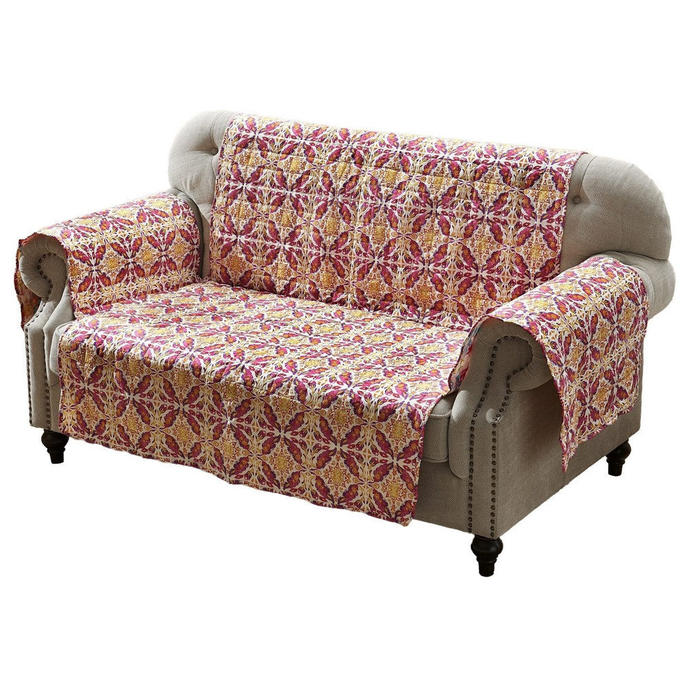 Kewa 103 Inch Quilted Loveseat Cover Multicolor Border Maroon Polyester By Casagear Home BM307059