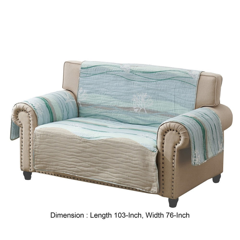 Niha 103 Inch Loveseat Cover with Ocean Wave Print and Quilting Multicolor By Casagear Home BM307063