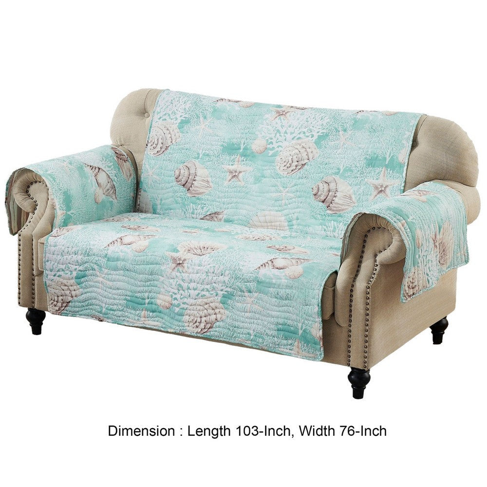 Logan 103 Inch Loveseat Cover Wave Quilt Shells Print Turquoise Polyester By Casagear Home BM307068