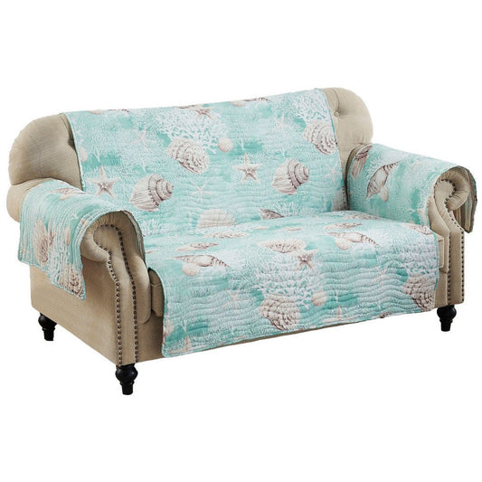 Logan 103 Inch Loveseat Cover, Wave Quilt, Shells Print Turquoise Polyester By Casagear Home