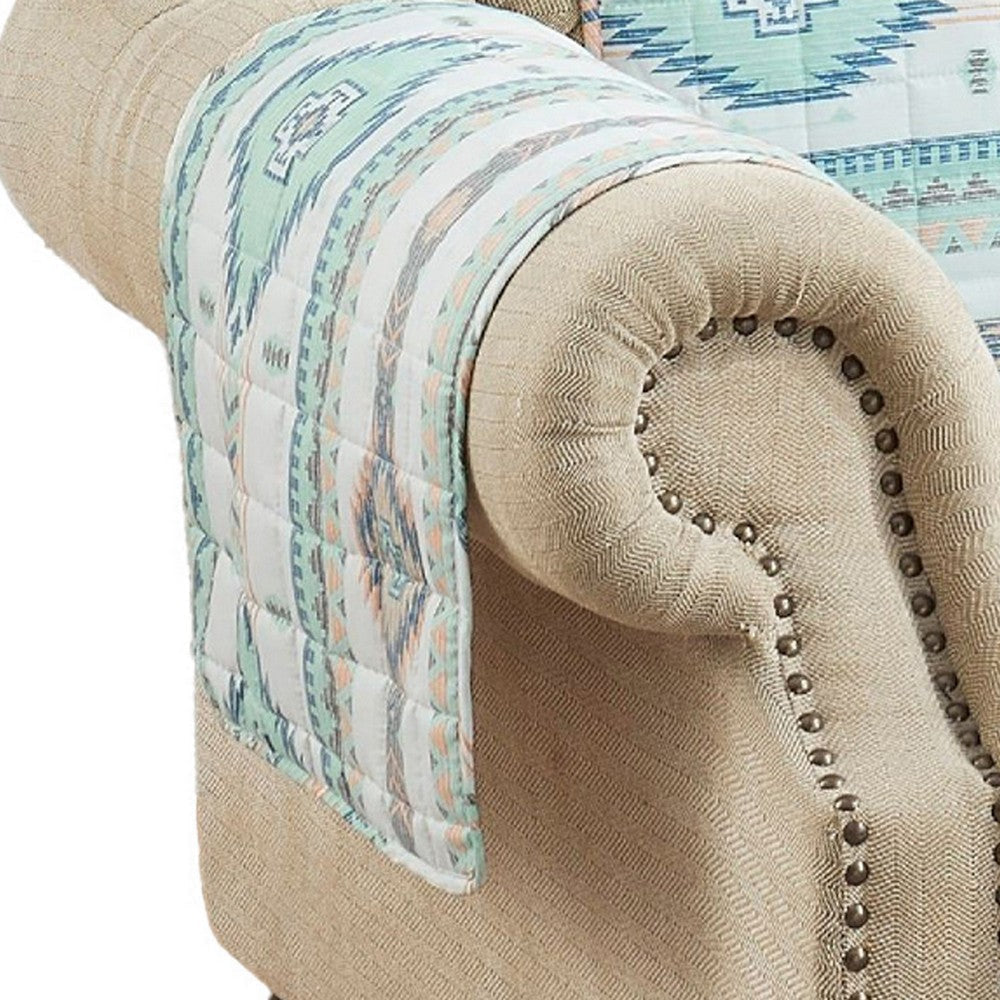 Linda 81 Inch Quilted Armchair Cover Geometric Prints Turquoise Polyester By Casagear Home BM307070