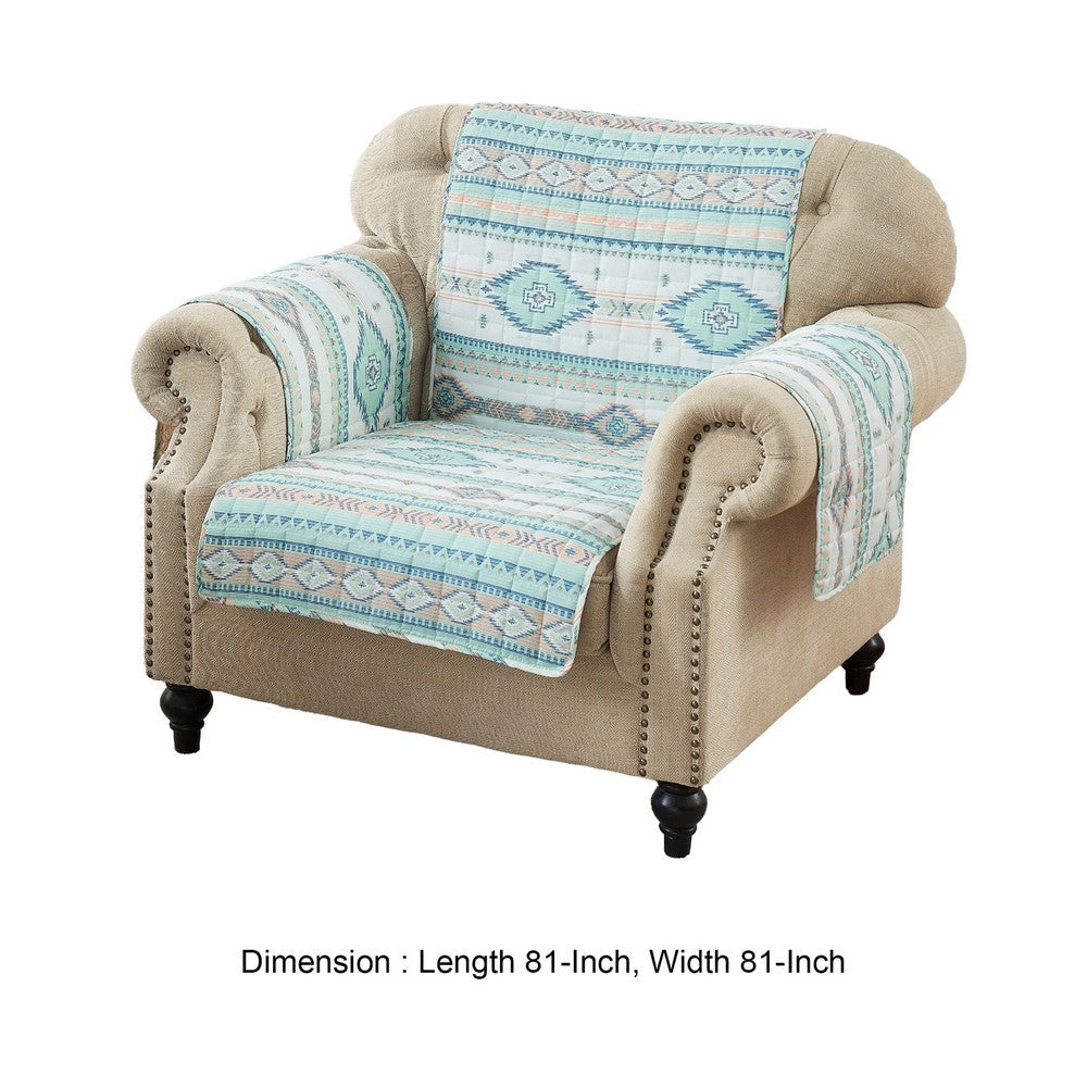 Linda 81 Inch Quilted Armchair Cover Geometric Prints Turquoise Polyester By Casagear Home BM307070