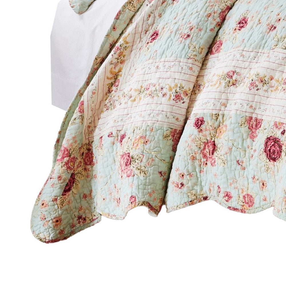 Rosle 2pc Twin Quilt and Pillow Sham Set Scallop Edges Floral Blue Cotton By Casagear Home BM307073