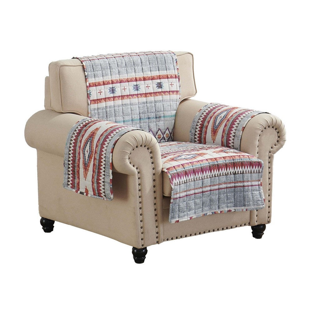 Pimi 81 Inch Quilted Armchair Cover, Multicolor Motif, Stone Gray Polyester By Casagear Home