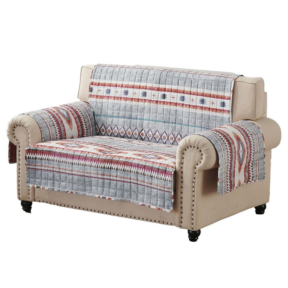 Pimi 103 Inch Loveseat Cover with Multicolor Motif Stone Gray Polyester By Casagear Home BM307088