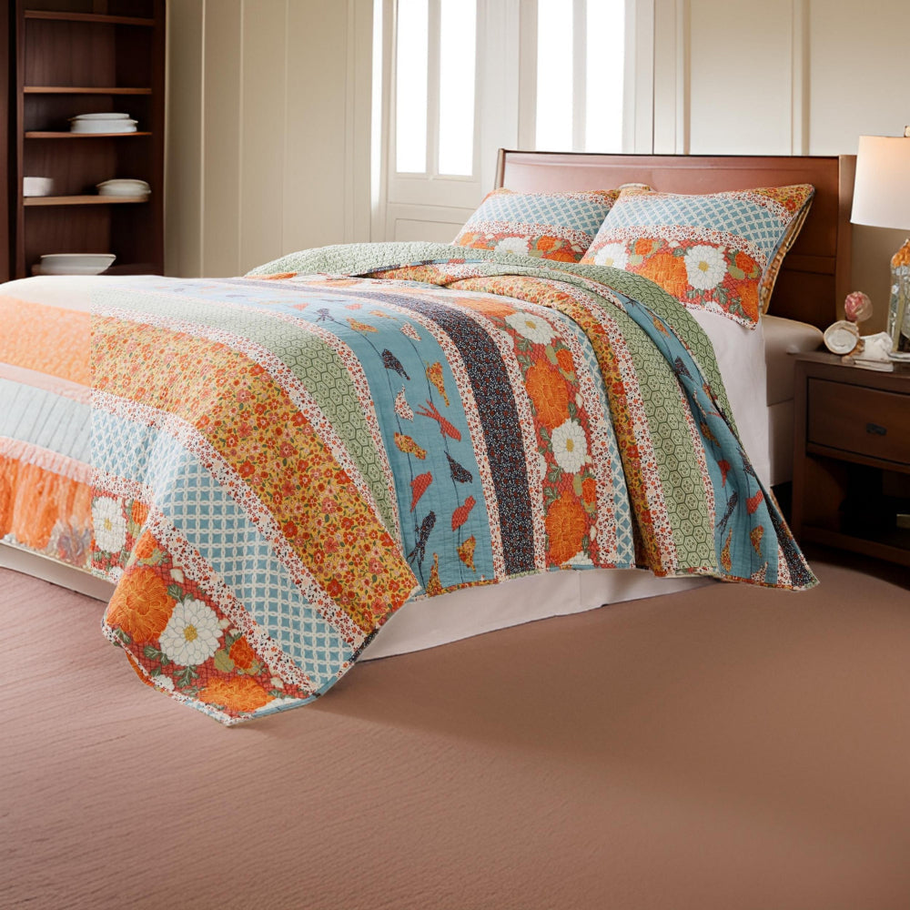 2pc Twin Quilt and Pillow Sham Set, Floral and Songbirds Prints, Multicolor By Casagear Home