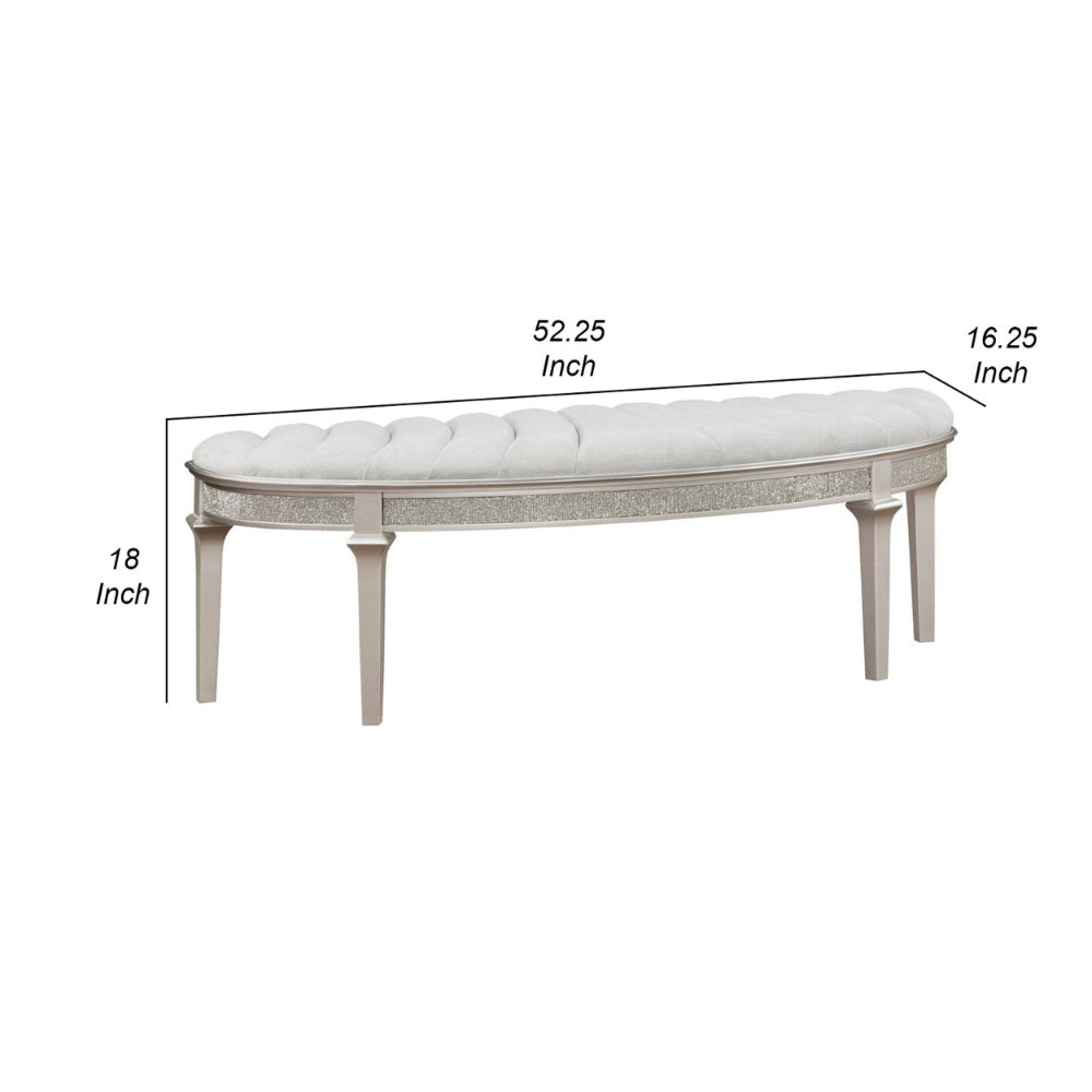 Nive 53 Inch Bench Semiround Shape Encrusted Faux Diamond Silver Oak By Casagear Home BM307111