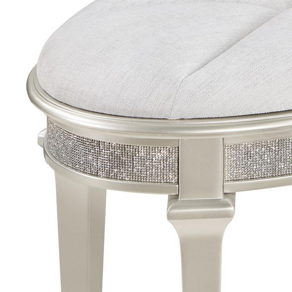 Nive 24 Inch Oval Vanity Stool Ivory Chenille Encrusted Faux Diamond By Casagear Home BM307113