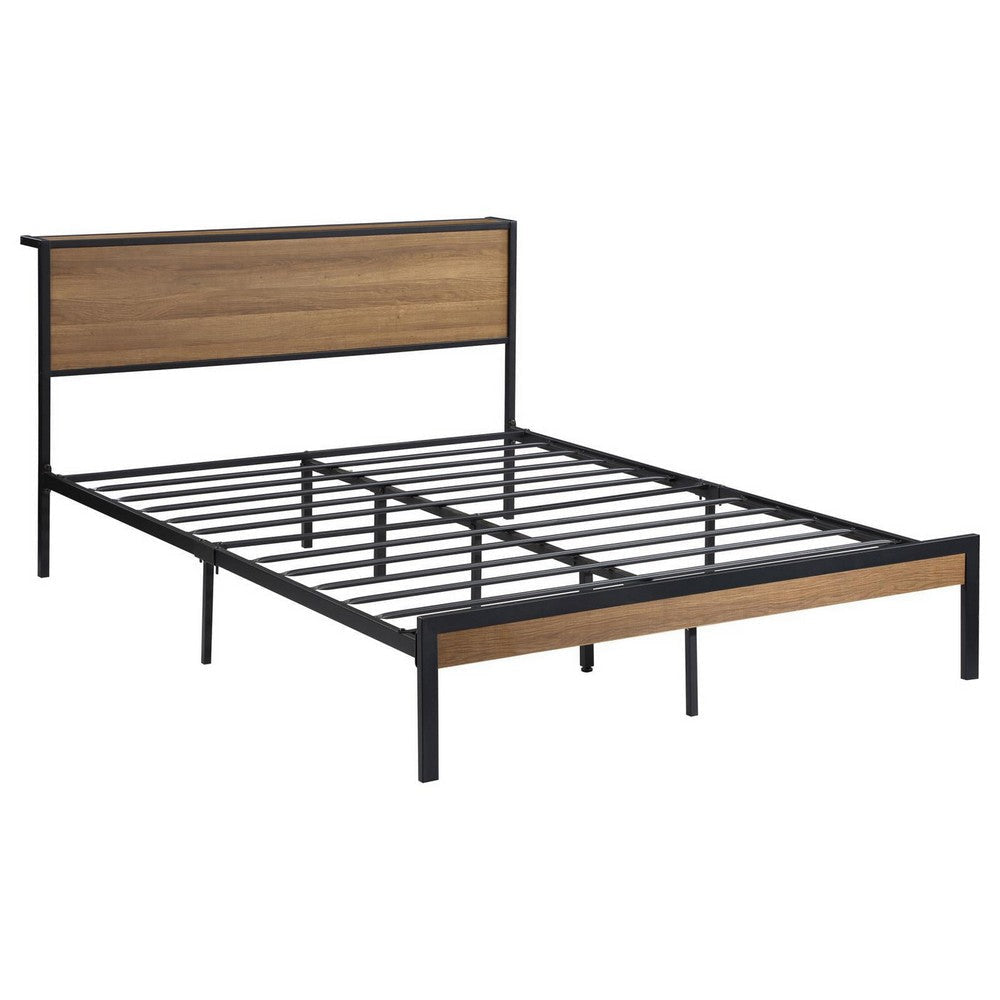 Rick Queen Size Platform Bed, MDF Panel Headboard, Brown, Black Metal By Casagear Home