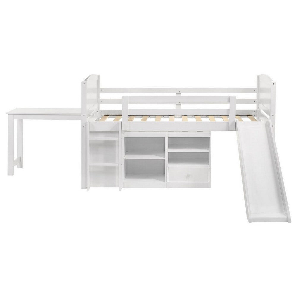 Twin Workstation Loft Bed with Open Shelves and Desk White Wood By Casagear Home BM307128