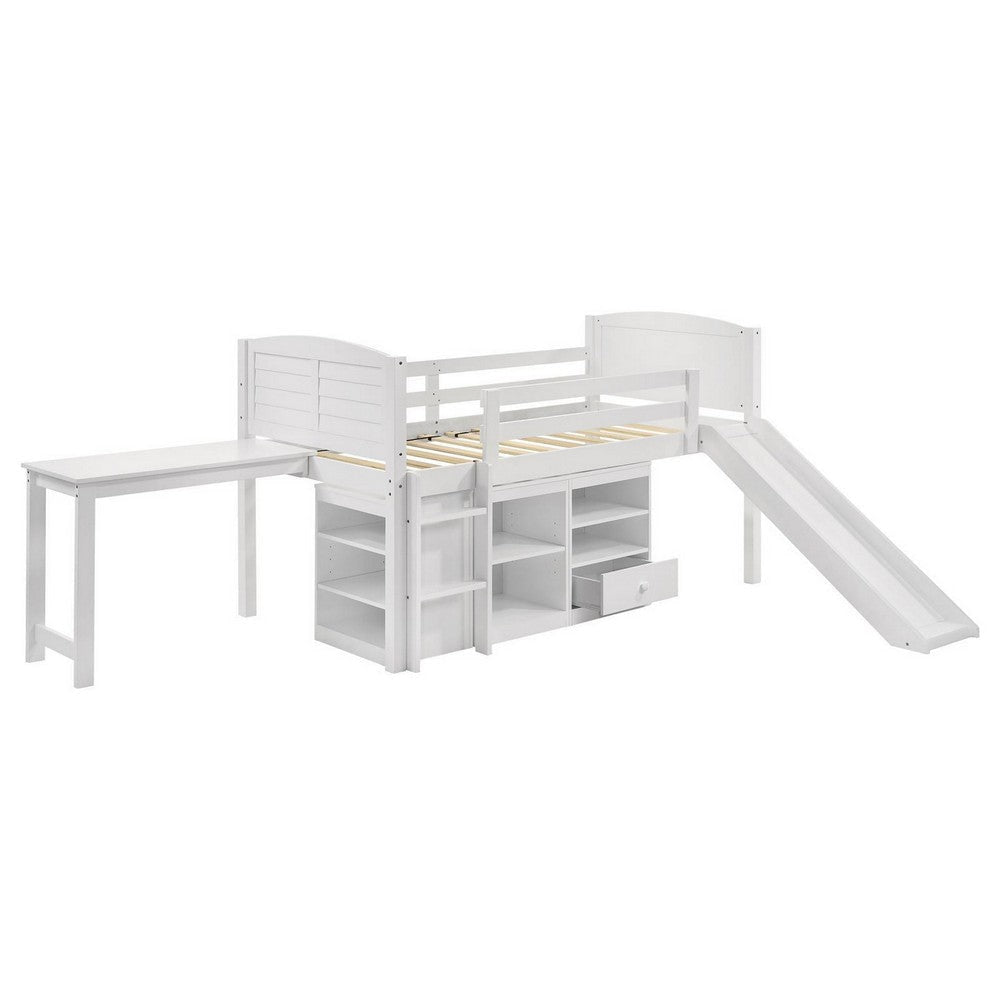 Twin Workstation Loft Bed with Open Shelves and Desk, White Wood By Casagear Home