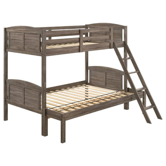 Twin over Full Bunk Bed Set, Slatted Guard Rails, Weathered Brown Wood By Casagear Home