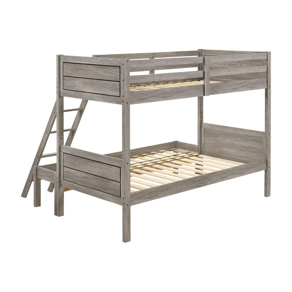 Twin over Full Bunk Bed Set Slatted Guard Rails Weathered Taupe Wood By Casagear Home BM307130