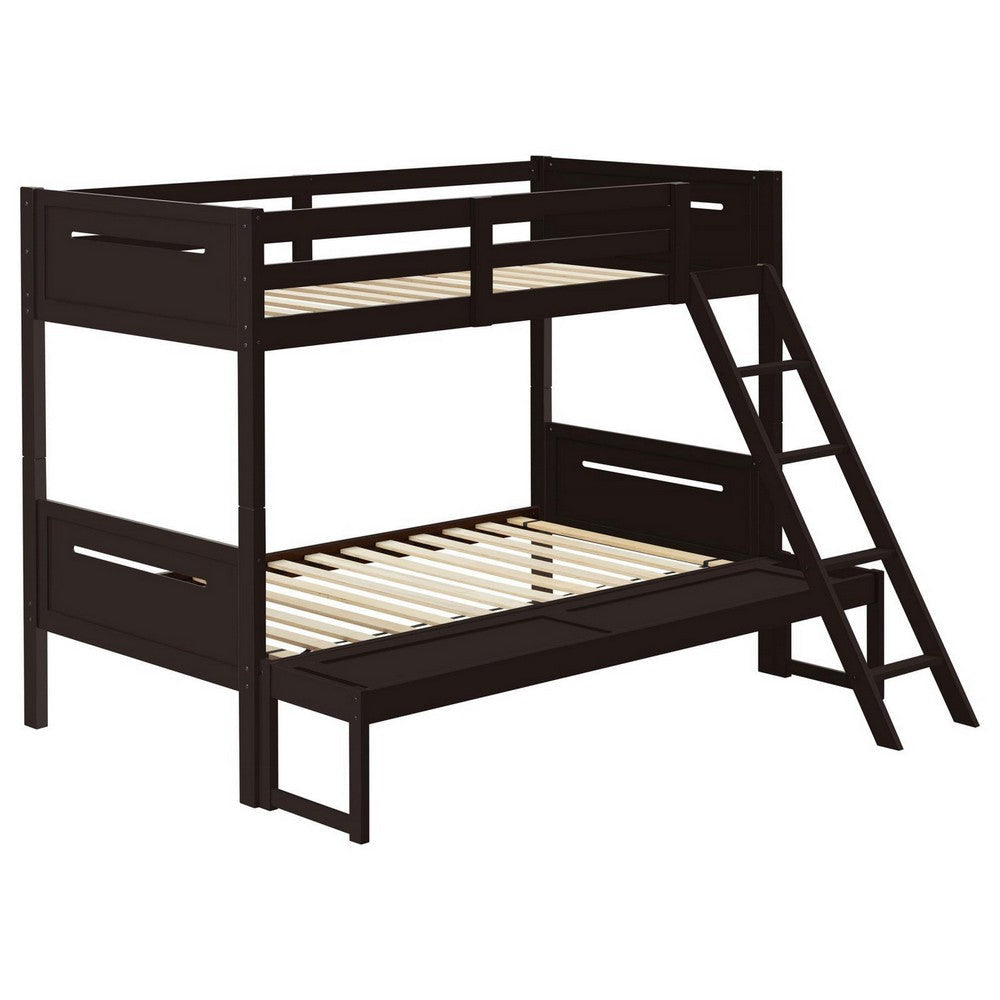 Amey Twin over Full Bunk Bed, Guard Rails, Attached Ladder, Brown Wood By Casagear Home