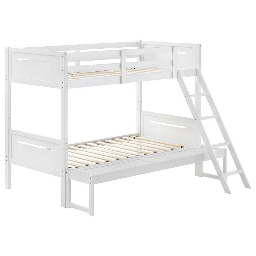 Amey Twin over Full Bunk Bed, Guard Rails, Attached Ladder, White Wood By Casagear Home