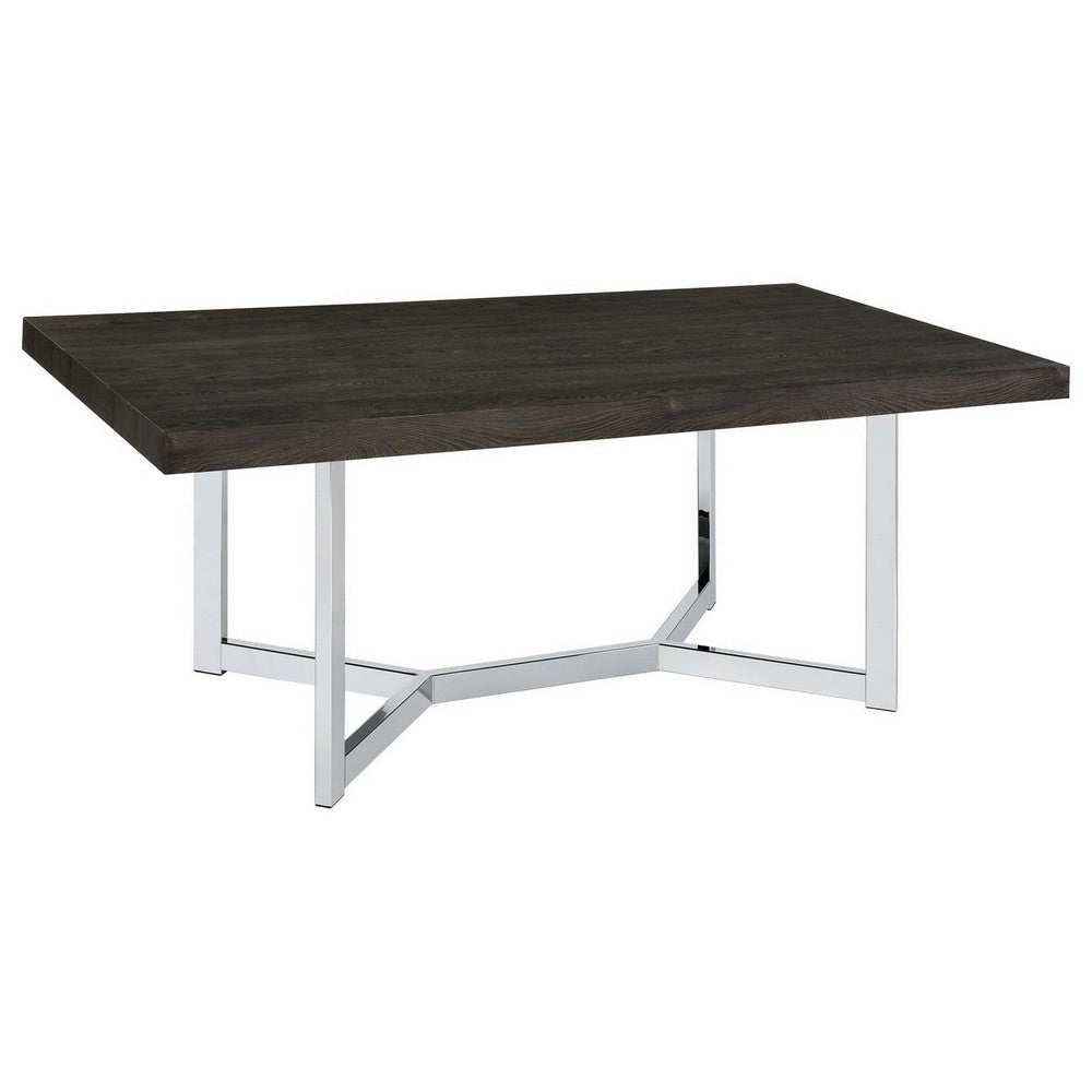 72 Inch Dining Table, Rectangular Dark Oak Top, Chrome Trestle Base By Casagear Home