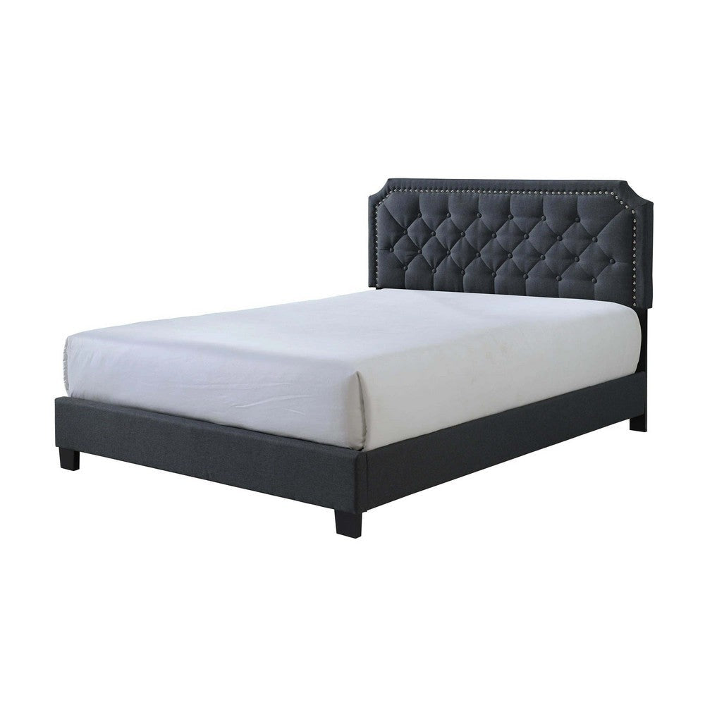 Shiran King Size Bed Tufted Fabric Upholstered Headboard Wood Black By Casagear Home BM307224