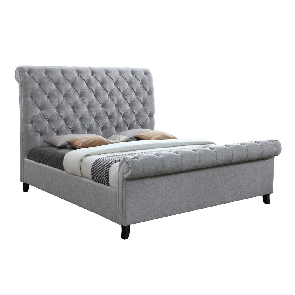 Magnolia King Size Bed, Tufted Upholstered Rolled Top Headboard, Gray By Casagear Home