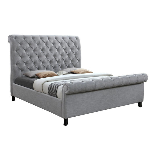 Magnolia Queen Size Bed, Tufted Upholstered Rolled Top Headboard, Gray By Casagear Home