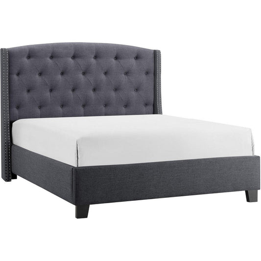 Elle King Size Bed, Low Profile, Button Tufted Upholstered Headboard, Gray By Casagear Home