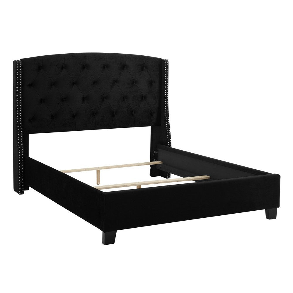 James King Size Bed Platform Style Button Tufted Black Velvet Upholstery By Casagear Home BM307244