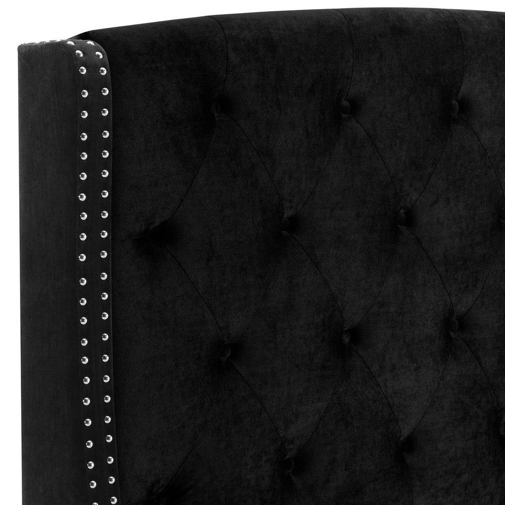 James King Size Bed Platform Style Button Tufted Black Velvet Upholstery By Casagear Home BM307244