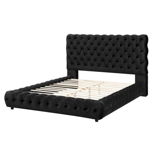 James Queen Size Bed, Platform Style, Button Tufted Black Velvet Upholstery By Casagear Home