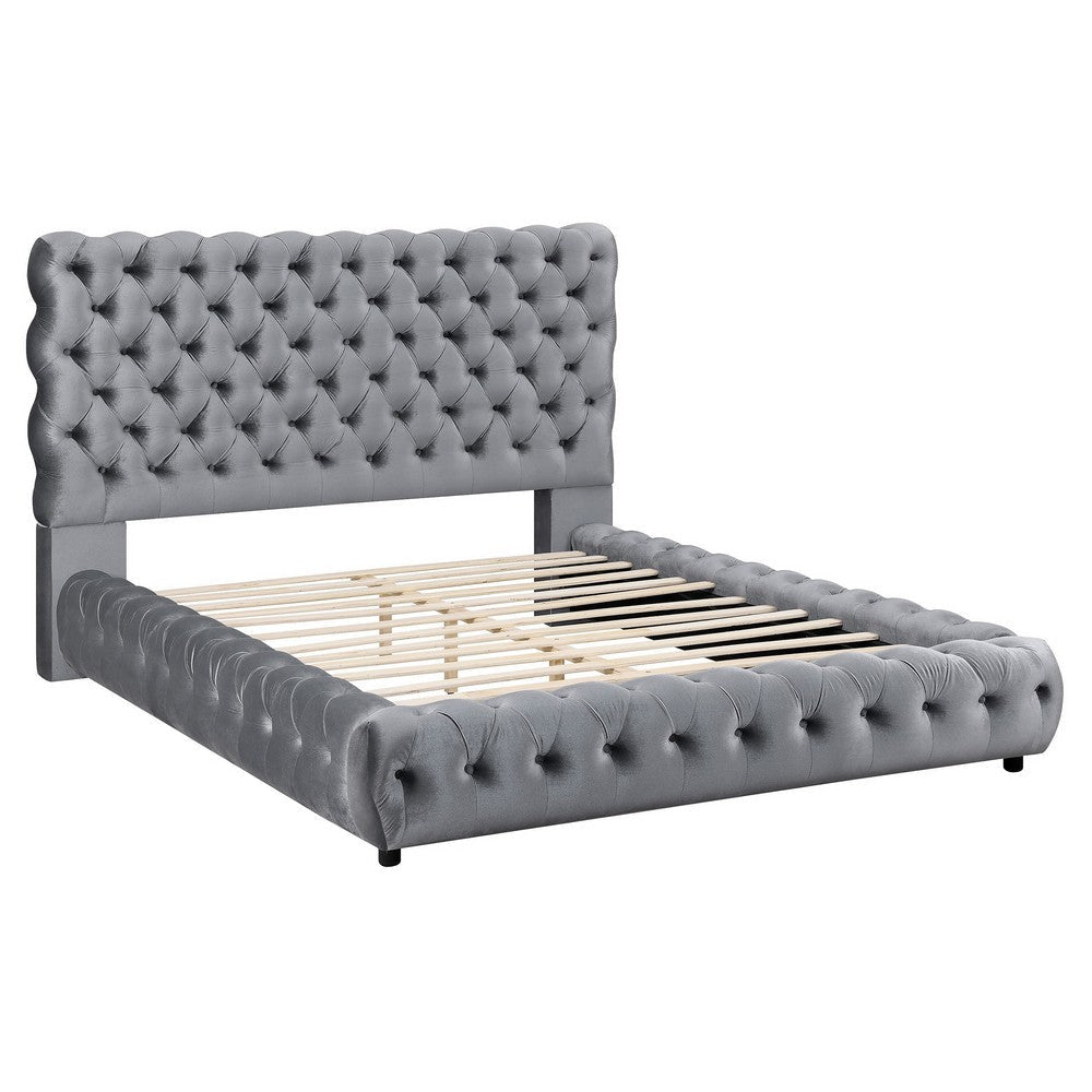 James King Size Bed Platform Style Button Tufted Gray Velvet Upholstery By Casagear Home BM307246