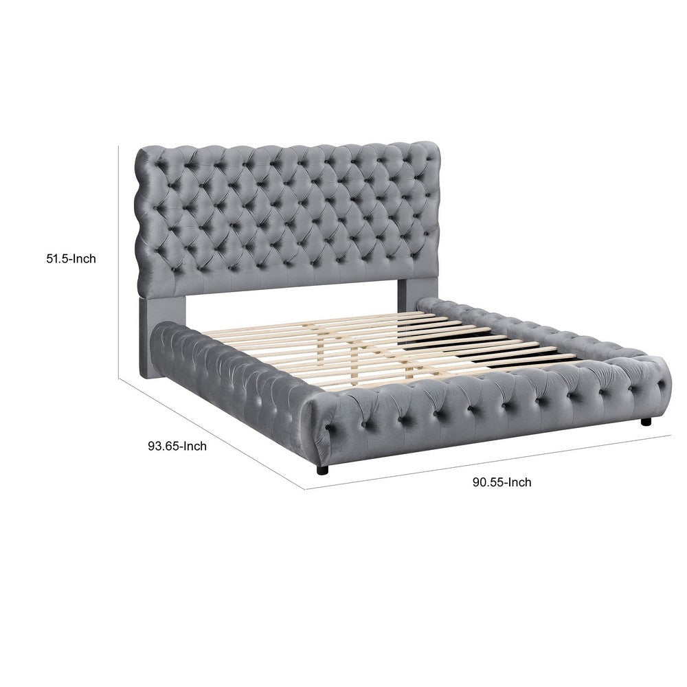 James King Size Bed Platform Style Button Tufted Gray Velvet Upholstery By Casagear Home BM307246