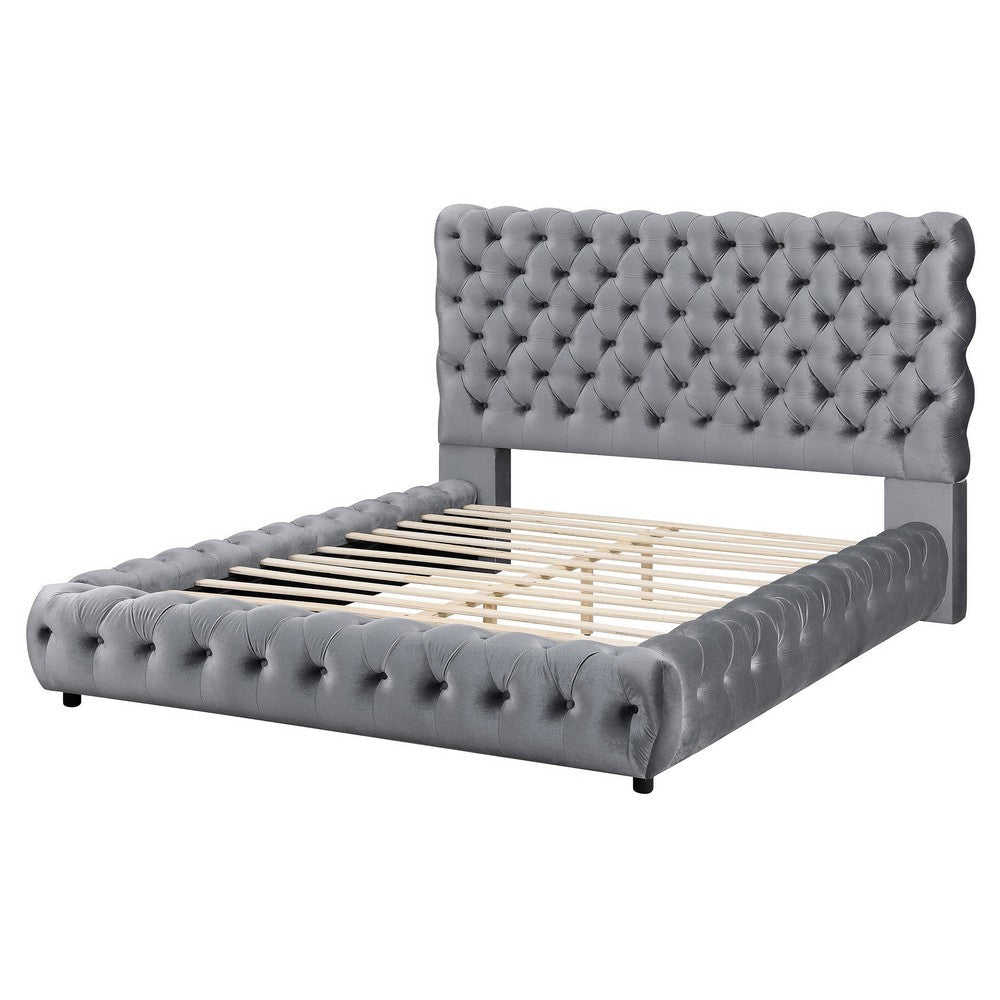 James King Size Bed, Platform Style, Button Tufted Gray Velvet Upholstery By Casagear Home