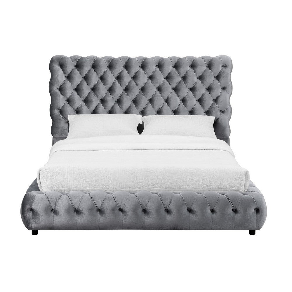 James Queen Size Bed Platform Style Button Tufted Gray Velvet Upholstery By Casagear Home BM307247